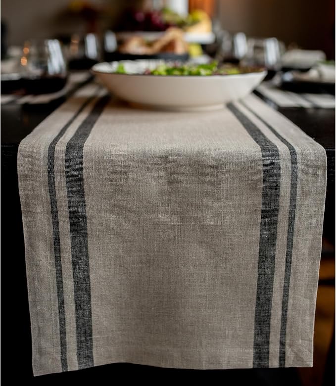 Solino Home 100% Pure Linen Table Runner, 14 x 120 in, French Stripe | Table by SolinoHome