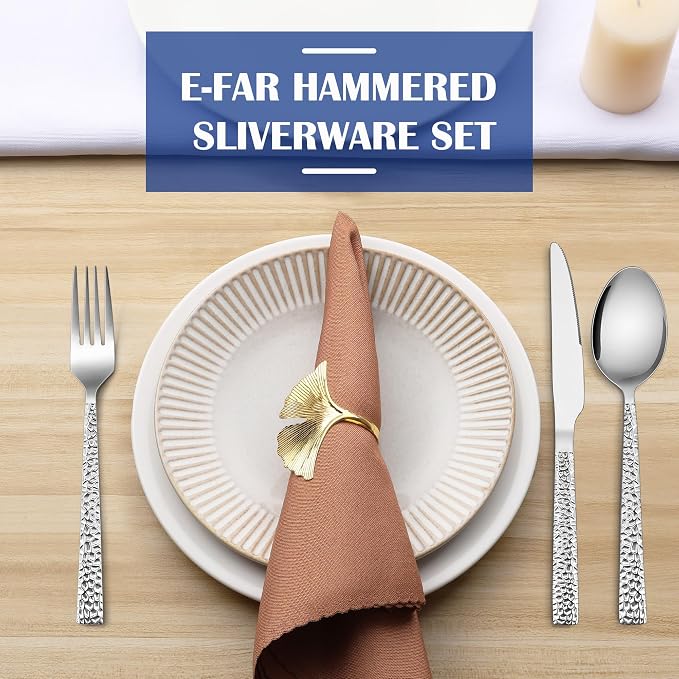 E-far 36-Piece Hammered Silverware Set, Stainless Steel Flatware Set - Image 7