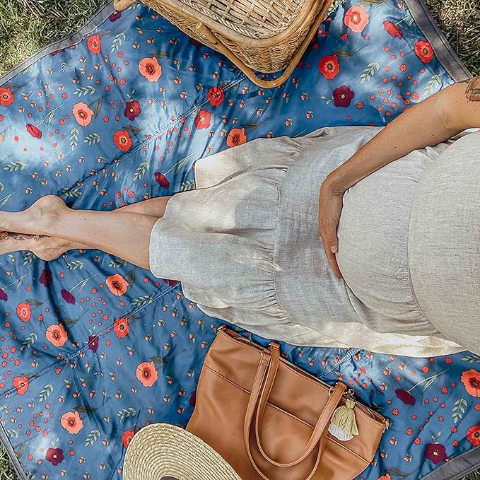 Little Unicorn 5'x7' Outdoor Family Picnic & Beach Blanket | Durable & Water-Resistant Fabric | Compact Fold & Easily Wipes Clean | Zipper Pocket (Midnight Poppy)