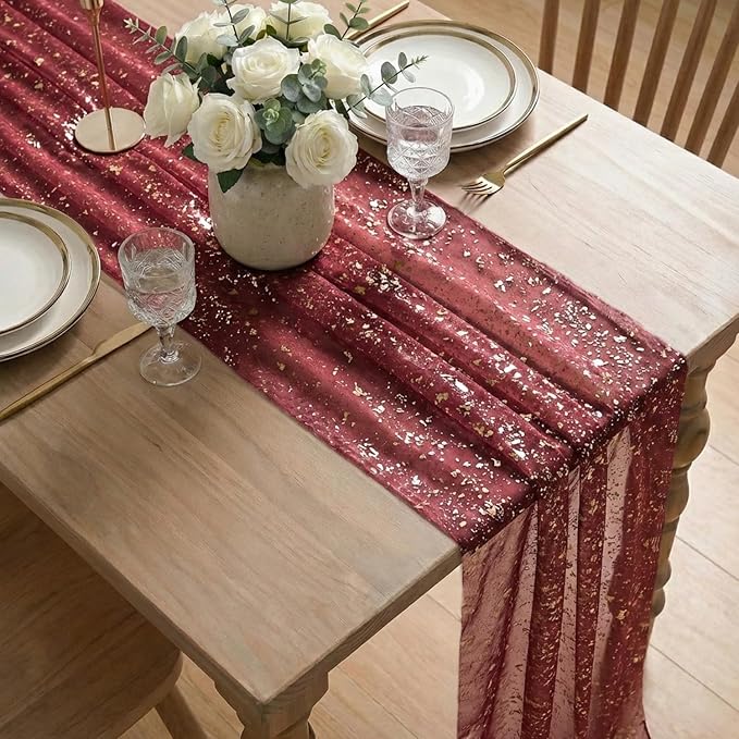 Artoid Mode 10Pcs Burgundy Gauze Gold Table Runner 10FT, Glitter Metallic Foil - Image 6