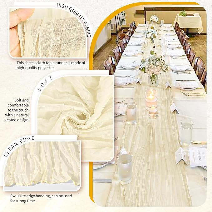 4 Pack Cheesecloth Table Runner 10FT Beige Table Runner Boho Gauze Cheese Cloth - Image 3