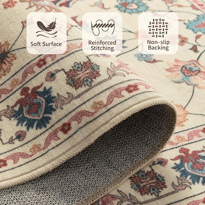 Rugxara Pink Rug for Living Room Bedroom, Floral 4x6 Washable Rug, Vintage Boho - Image 5