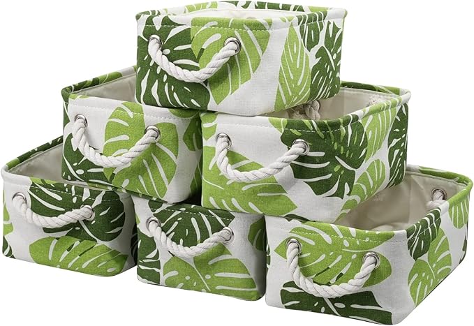 Organization and Storage Basket for Shelves - Small 6 Pack Fabric Storage Bin Collapsible Baskets for Organizing with Handle for Cloth Decorative Laundry Canvas (Banana Leaf 12x8x5.2 inch)