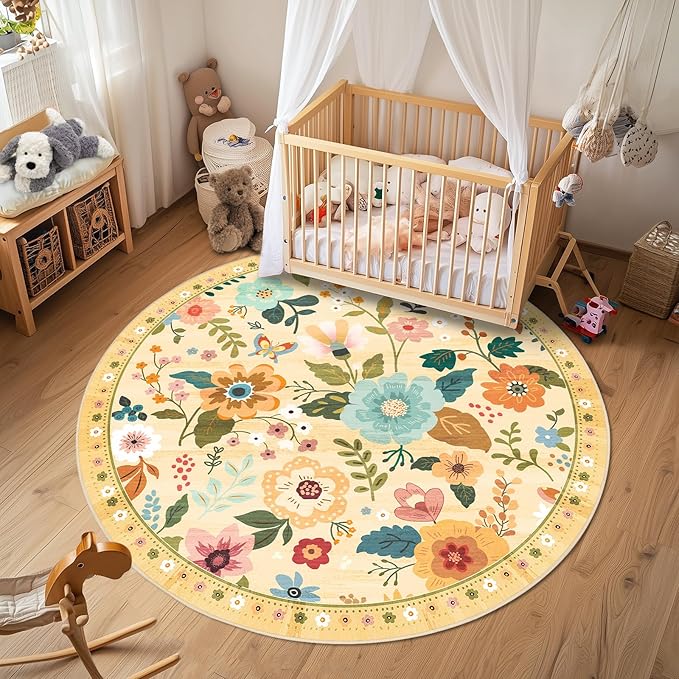 Floral 4ft Area Rug Machine Washable Soft Print Boho Carpet Non Slip Doormat Low Pile Flower Area Rugs for Living Room Bedroom Nursery Kitchen Dining Room Indoor-Ivory/Yellow
