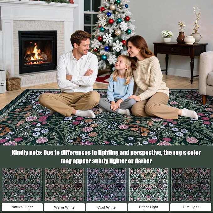 10x14 Area Rugs for Living Room: Floral Washable Rug Vintage Large Soft Boho Non-Slip Carpet Stain Resistant Low Pile Carpets for Bedroom Dining Room Farmhouse Nursery Hallway Home Office Dark Green