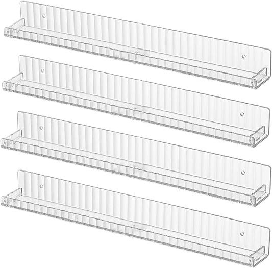 IEEK Floating Book Shelf for Wall,4 PCS Clear Acrylic Wall Bookshelf for Kids Room,Vertical Stripes Display Shelf with Removable Anti-Slip End Inserts for Bedroom Living Room Nursery Decor and Storage