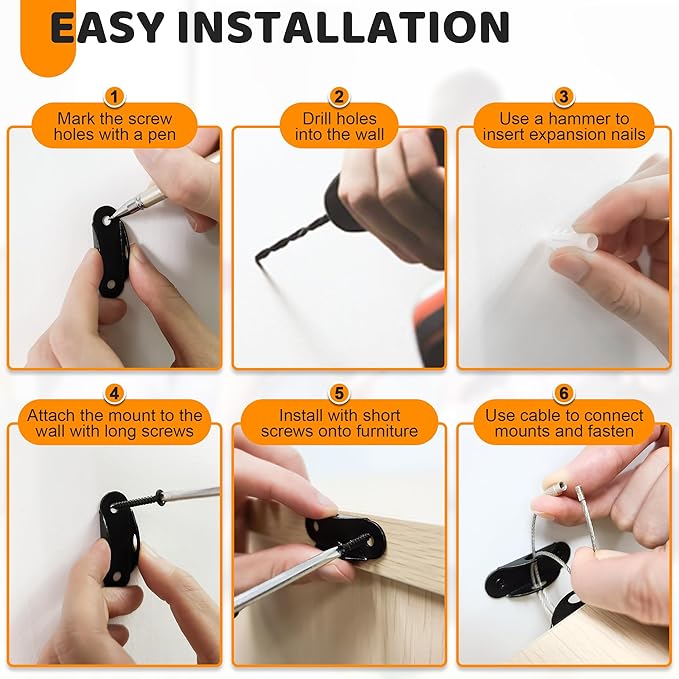 10 Pack Furniture Wall Anchors for Baby Proofing, Anti Tip Furniture Anchors, Secure 400 Pound Furniture, Dresser, Bookcase to Wall Prevent Falling, Earthquake Straps for Child Safety (Black)