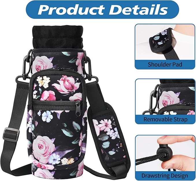 32 40 oz Water Bottle Carrier with Strap, Neoprene Water Bottle Sleeve Bag with 2 Pockets Insulated Flask Sling Holder for Walking Hiking Gym