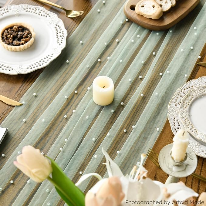 Artoid Mode Pearl Grass Green Gauze Table Runner 59x120 Inch, Seasonal Sheer - Image 6