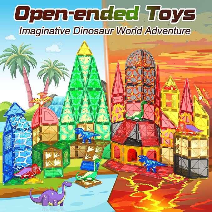 102PCS Dinosaur Toys Magnetic Tiles with 8 Dinosaurs - Jurassic Scenes Dinosaur World Adventure Set, Magnetic Blocks Kids Toys for Boys & Girls Ages 3+, Sensory Toddler Creative Kids Games Gifts
