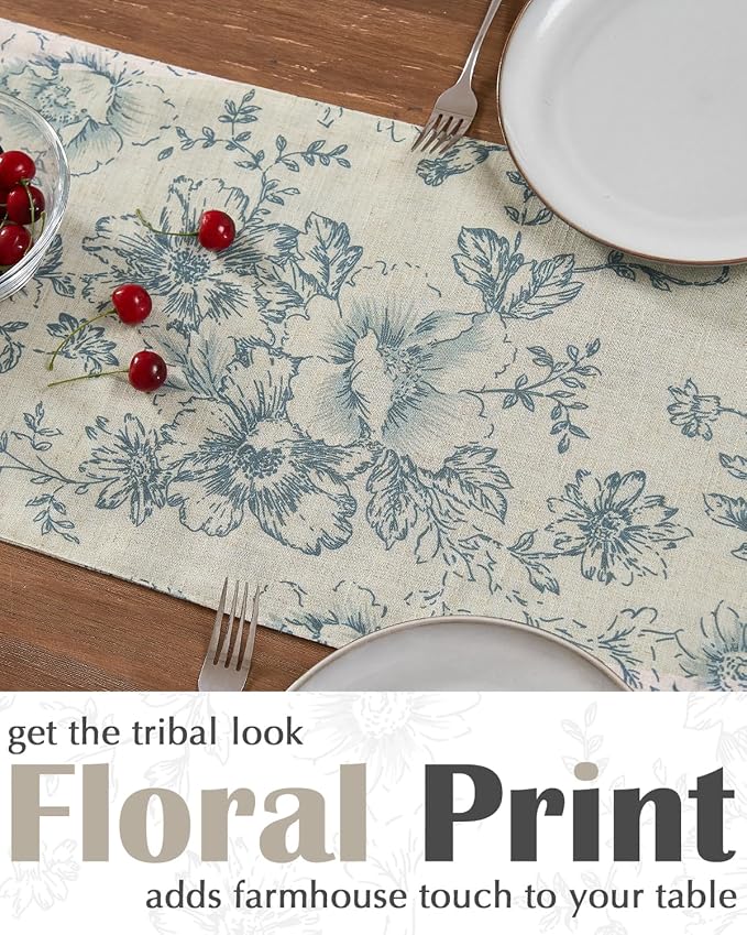jinchan Blue Floral Linen Table Runner 13 x 72 Inch Rustic | Blooming floral - Image 3