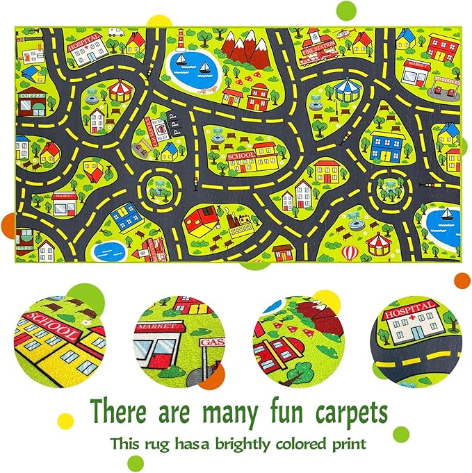 Car Rug for Kids 2.6x5 Feet - City Road Track Rug, Educational Car Floor Mats for Kid Room Playroom Games Room