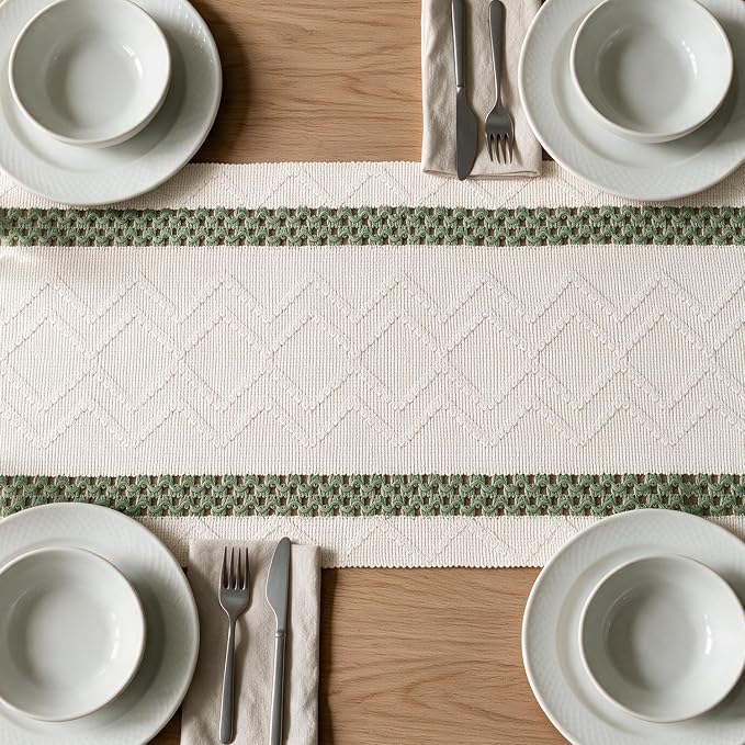 Artoid Mode Sage Green Stripe Woven Rustic Table Runner 12x90 Inch | Holiday - Image 5