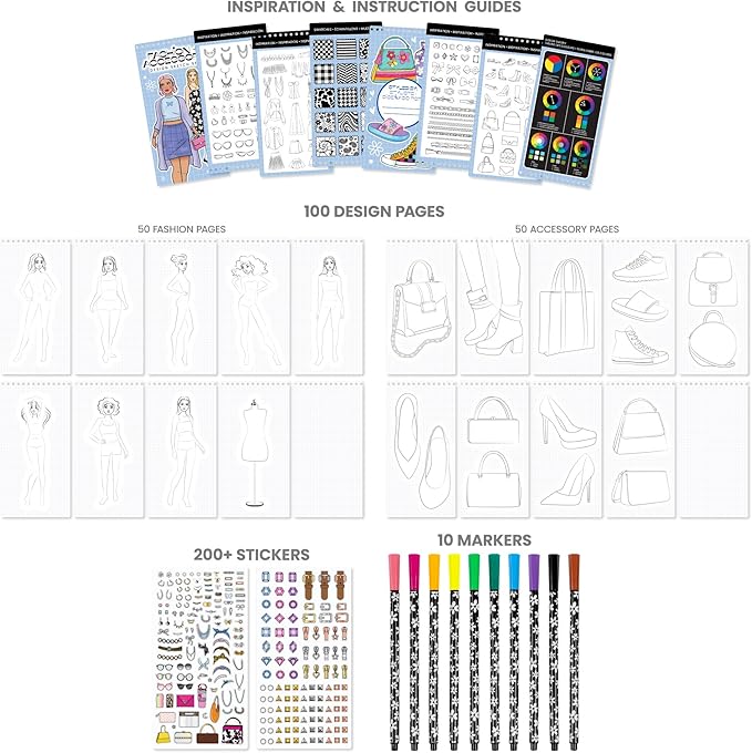 Fashion Angels Fashion & Accessory Design Sketch Set, Includes Sketch Pad with Stickers & Markers, Ultimate Fashion Design Sketch Book for Girls