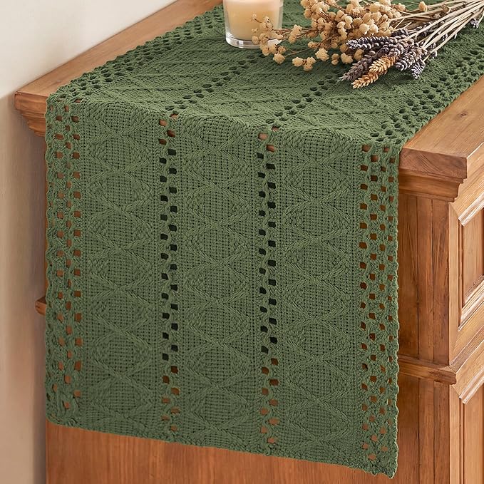 Artoid Mode Army Green Woven Farmhouse Hollow Table Runner 12x120 Inch | by ArtoidMode