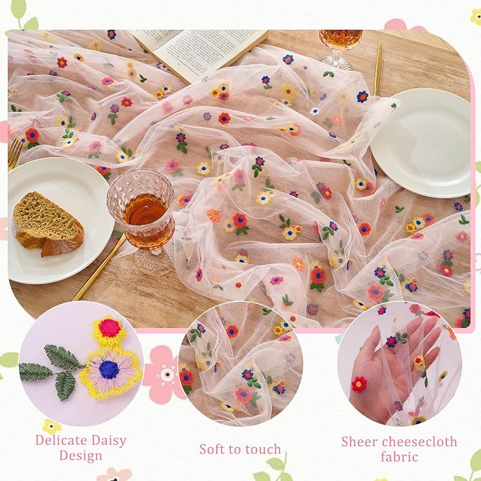 BINBE 6pcs Pink Daisy Spring Table Runner Embroidery Gauze 10FT Florals - Image 3