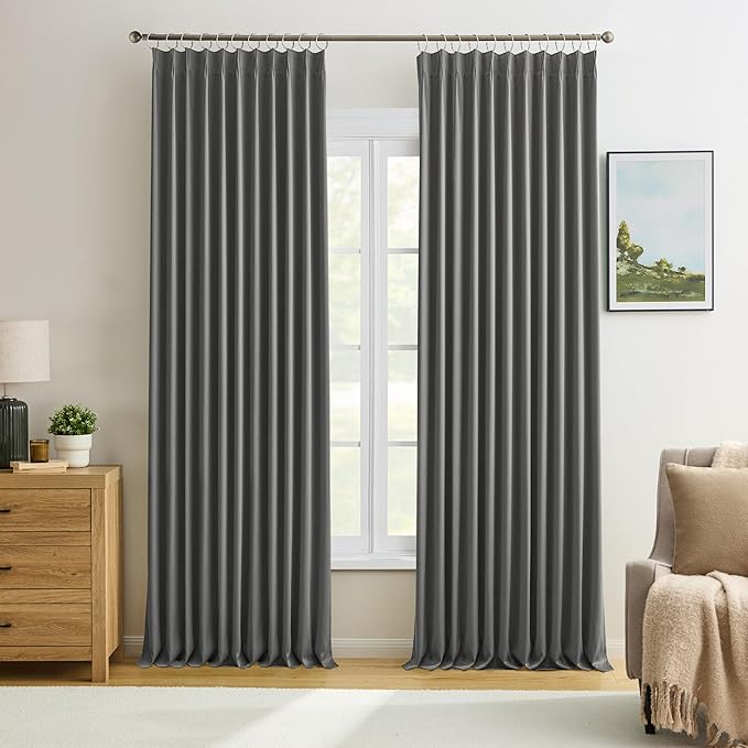KEQIAOSUOCAI Blackout Pinch Pleated Curtains 90 Inches Long, Privacy Window Drapes for Living Room/Dining Room/Bedroom, 72 Inch Wide x 90 Inch Long,Grey Color, Pleat with Hooks, 2 Panels