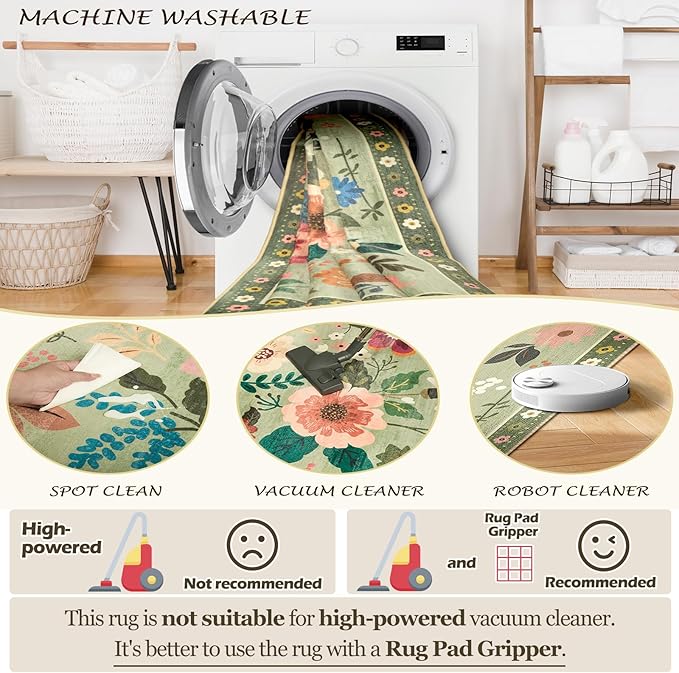 Floral 6ft Area Rug Machine Washable Soft Print Boho Carpet Non Slip Doormat Low Pile Flower Area Rugs for Living Room Bedroom Nursery Kitchen Dining Room Indoor-Light Green