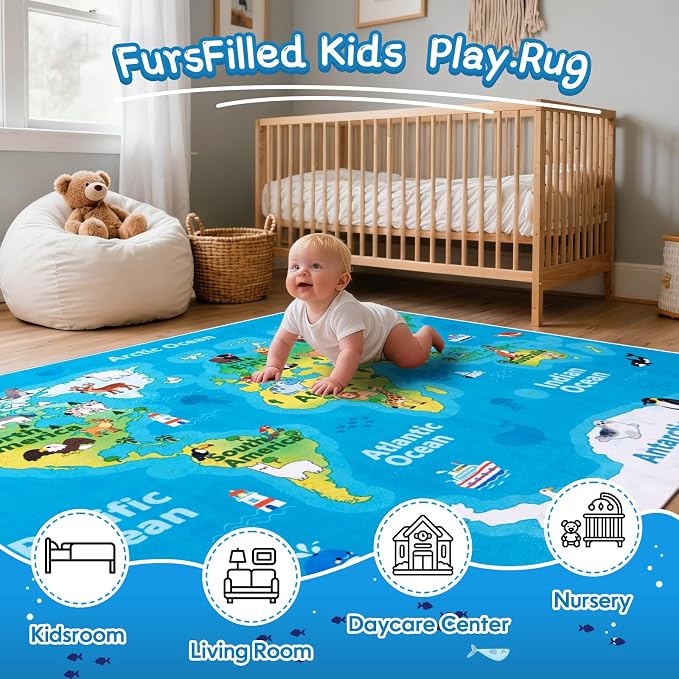 Kids Playroom Rug, 5x7ft World Map Play Mat - Image 3