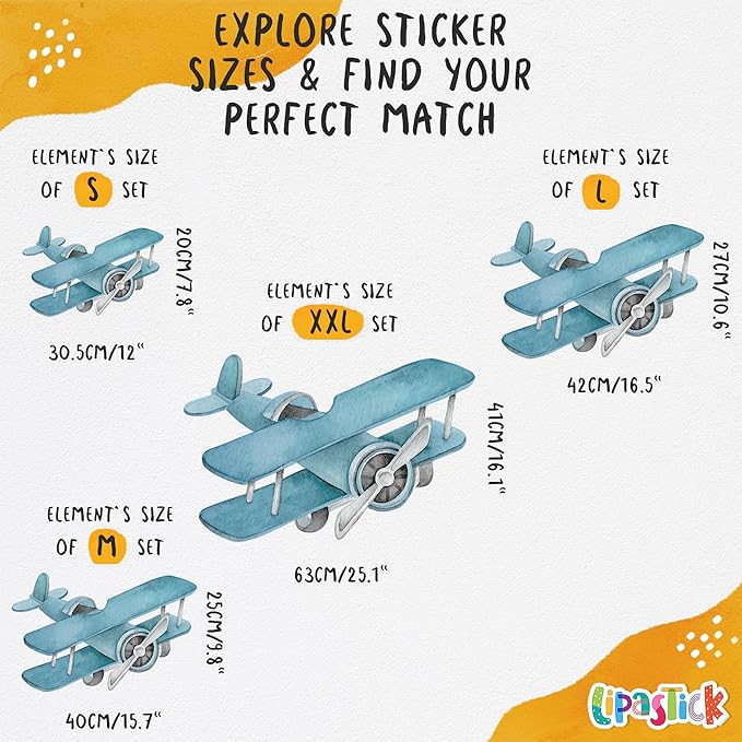 Airplane Wall Decals by Lipastick - Wall Decals for Boys Bedroom, Watercolor Vintage Plane Stickers for Kids, Boys Room, Baby Nursery, Toddler Decor - Premium Vinyl Aircraft Art