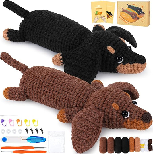 Crochet Kit for Beginners - 2 PCS Dachshund Crochet Kits with Step-by-Step Video Tutorials, Beginner Crochet Kit for Adults, Crochet Animal Kit for Kids, Dog Craft Knitting Kit