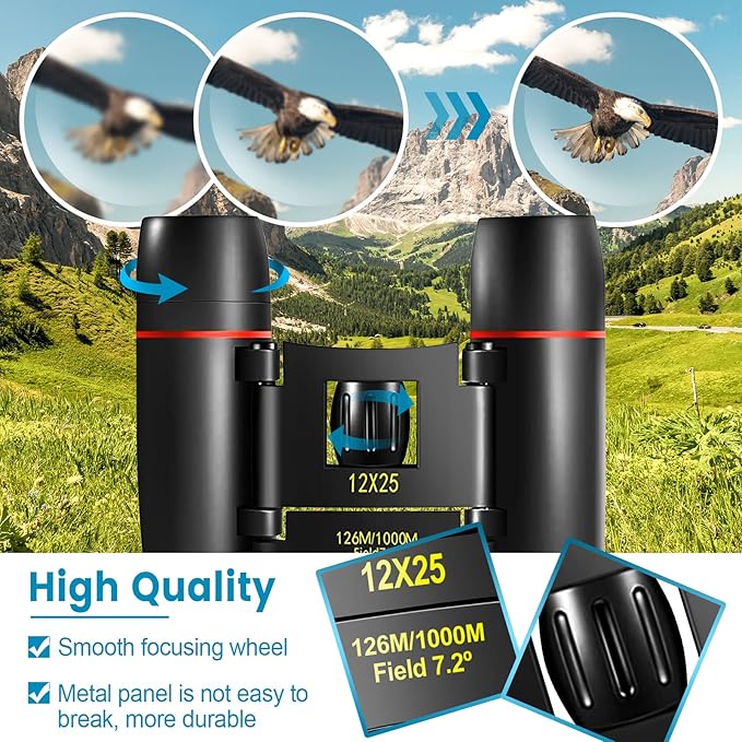 12X25 Mini Pocket Binoculars Compact, Small Lightweight Foldable for Adults Kids Bird Watching, Travel, Opera Concert, Hiking, Cruise, Football Game Green