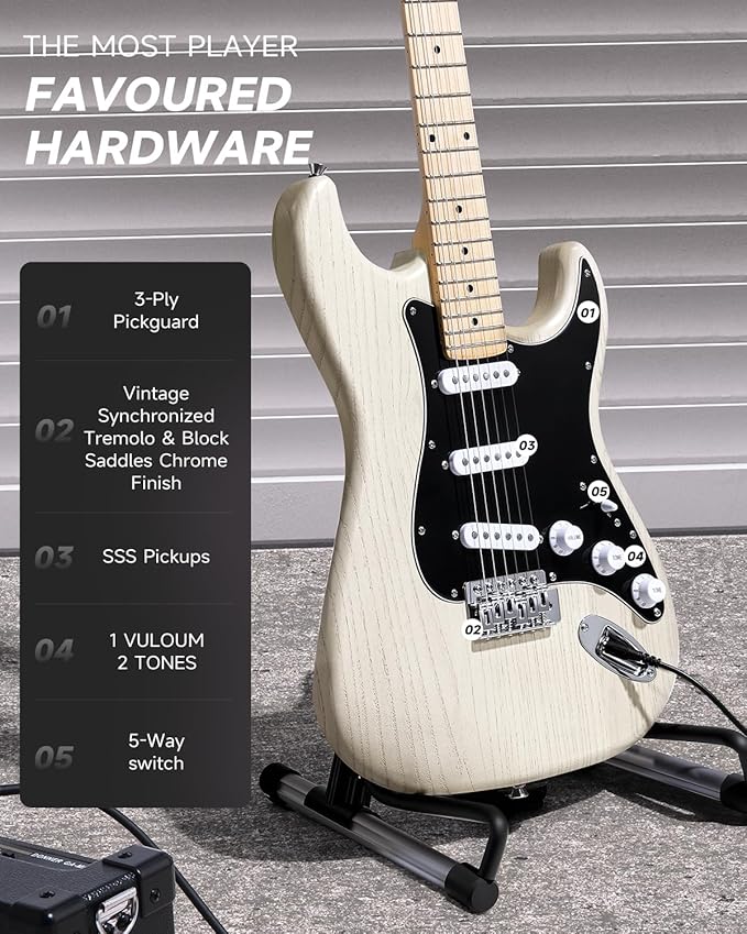 DONNER DST-80 Electric Guitar 39” Beginner Electric Guitar Kit with Amp, Classic SSS Pickup Complete with Gig Bag, Tuner, Capo, Strap, Picks, and Free Online Lessons, Bone White