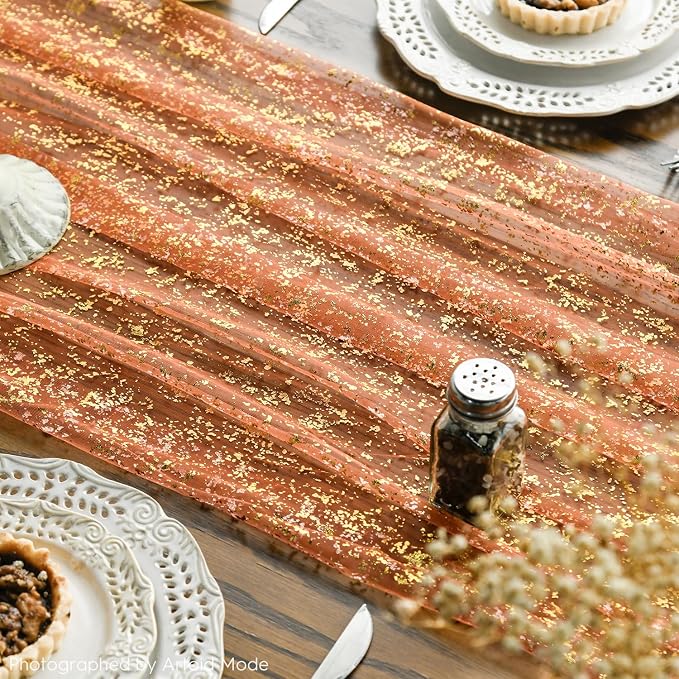Artoid Mode Orange Gold Gauze Table Runner 59x120 Inch 10FT, Glitter Metallic - Image 3