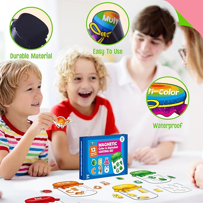 12 Pieces Magnetic Color Sorting Jars, 60 Color & Letter Magnets for Fridge Whiteboard, Early Educational Sorting Toy Set, Alphabet A-Z Learning Tool for Baby Toddlers Kids