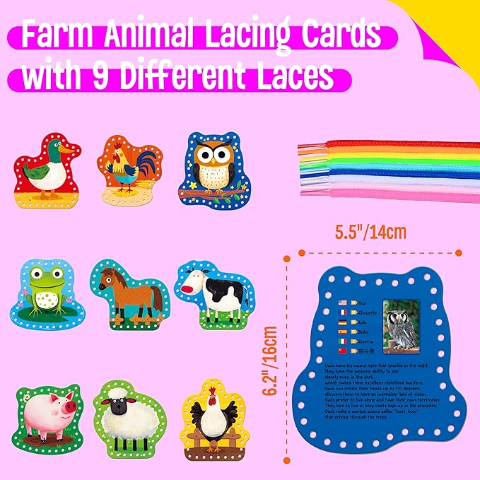9 PCS Kids Lacing Cards, 9 Double Sided Farm Animals Sewing Cards with 9 Colorful Laces, Educational & Learning Toys for Preschoolers, Kids Ages 3+
