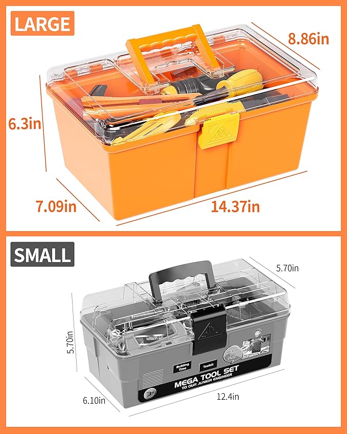 Deejoy 54Pcs Large Kids Tool Set with Electric Saw & Electronic Toy Drill, Pretend Play Kids Construction Set for Toddler 3-5 Years Old, Toddler Boy Toys-Orange