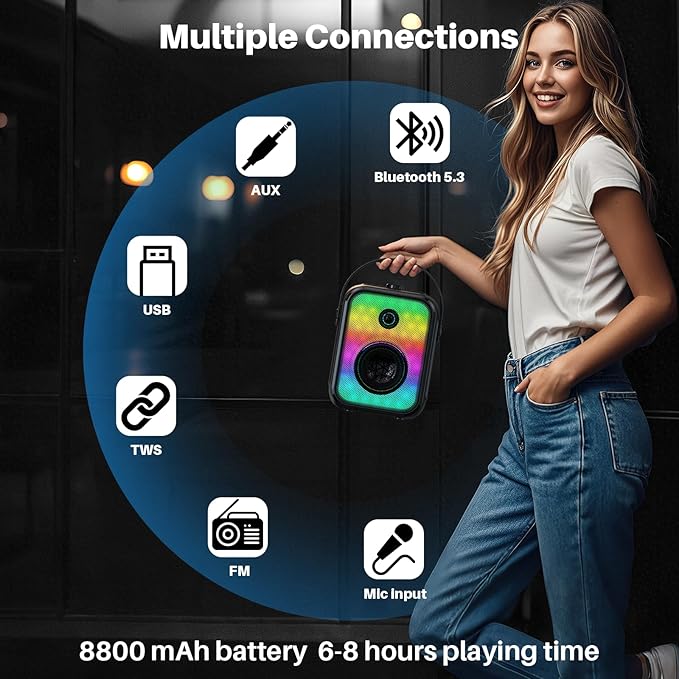 Karaoke Machine, Portable Bluetooth Speaker with 2 Wireless Karaoke Microphones, Karaoke Machine for Adults Kids with Subwoofer, LED Light Support TWS/FM/USB/AUX for Home Party Outdoor