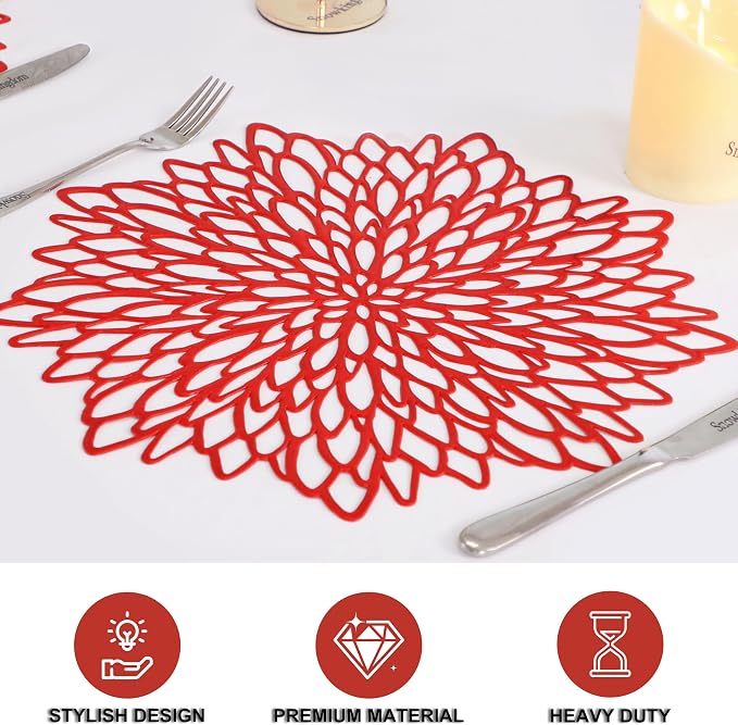 Snowkingdom 6 Pack Red Placemats Metallic Shiny Pressed Vinyl Dining Mats Round - Image 3