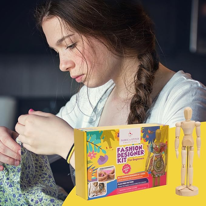 Fashion Designer Kits for Girls Ages 8+ Beginners Learn About Patterns, Draft & Re-Design Patterns, Sew & Be A Fashion Designer for The 8.5 in. Wood Mannequin. Sewing Kits for Kids 8-12