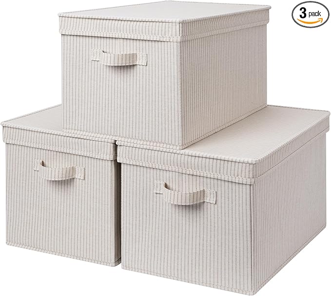 StorageWorks Storage Bins with Lids, Decorative Storage Boxes with Lid and Handles, Foldable Storage Baskets for Closet, Shelves, Stackable, Khaki Stripe, Jumbo, 3-Pack