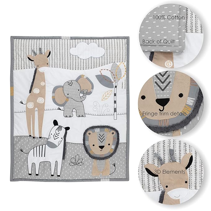 Lambs & Ivy Jungle Safari Gray/Tan/White Nursery 6-Piece Baby Crib Bedding Set