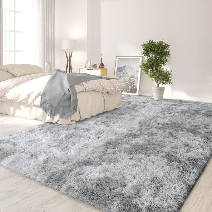 FlyDOIT Large Area Rugs for Living Room, 4x6 Feet Tie-Dyed Light Grey Shaggy - Image 3