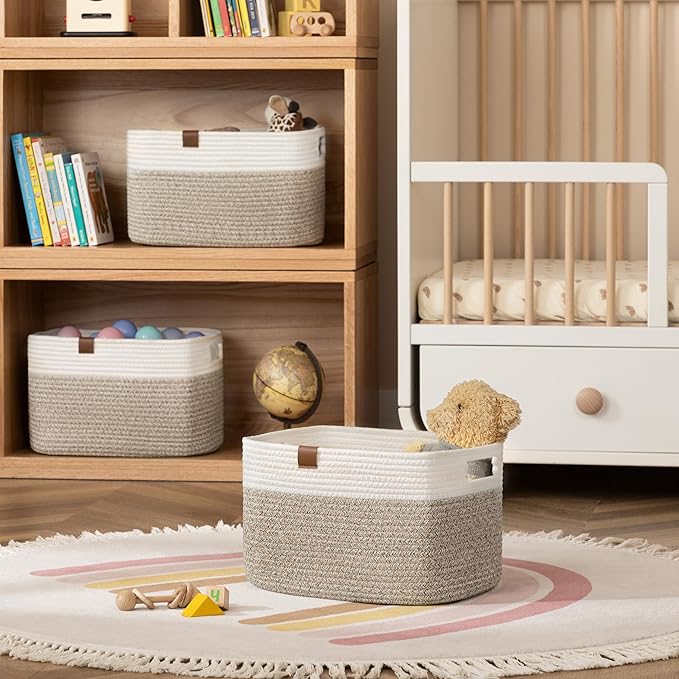 UBBCARE 2 Pack Baskets for Organizing, Woven Storage Baskets with Label for Toys and Towel, Rectangle Cotton Rope Basket with Handles, 15''L x10''W x9''H, White&Brown