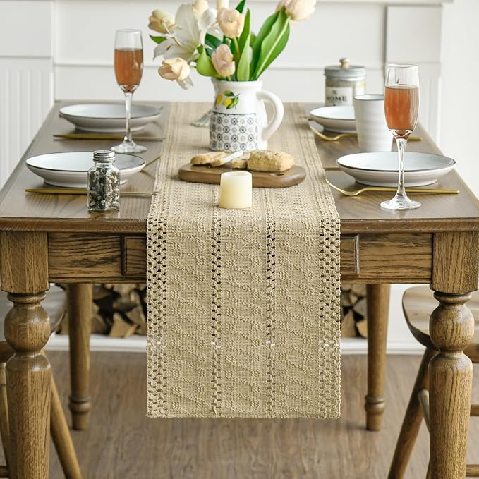 Artoid Mode Burlap Brown Woven Farmhouse Hollow Table Runner 12x72 Inch | - Image 2