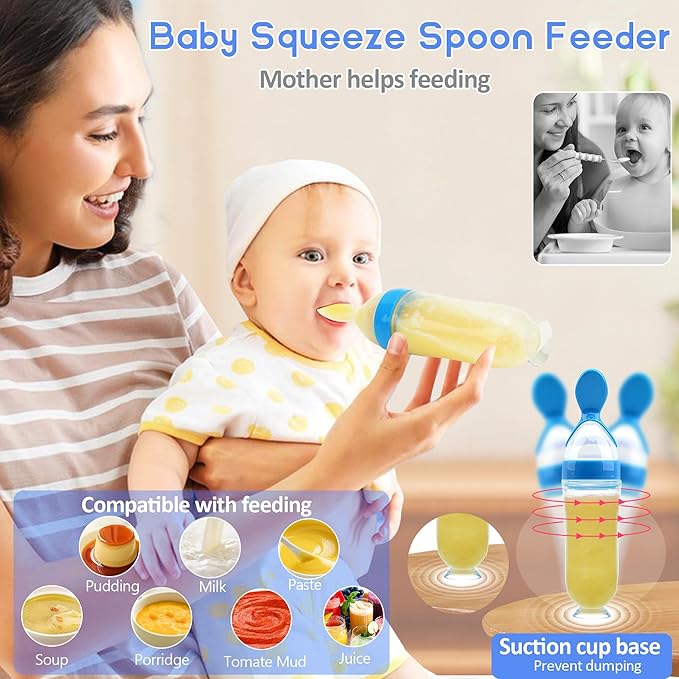 WAJIAYON Baby Fruit Feeder Pacifier | 2 Infant Food Feeder Pacifier & 2 Baby Food Dispensing Spoon | Fresh Fruit Teethers for Babies | Silicone Feeder Babies,Infant Teething Feeders (Blue-Rabbit)