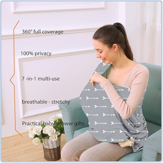 Nursing Carseat Canopy Breastfeeding Cover - Multi-use Stretchy Car Seat Covers for Babies, Baby Shower Gifts (Grey Arrows)