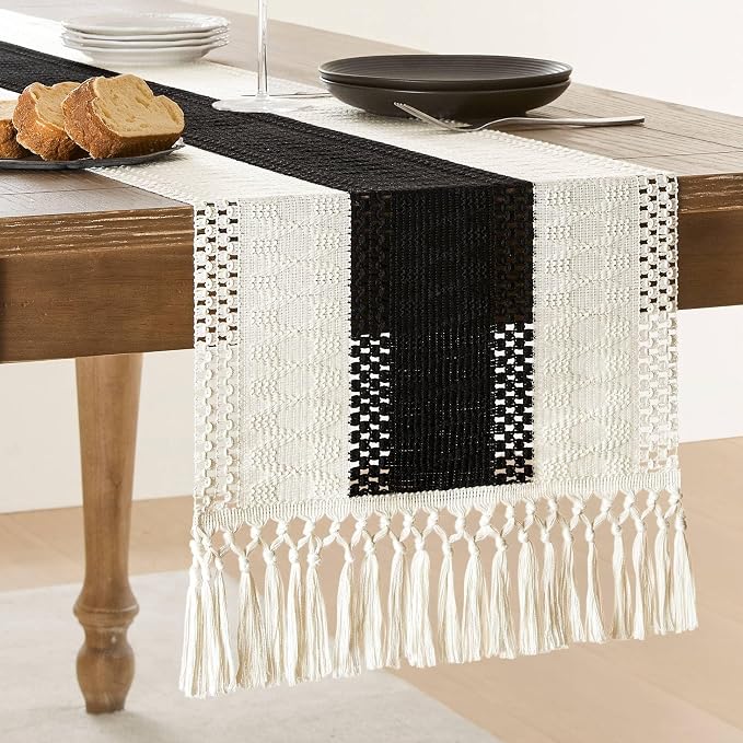 Macrame Style Bicolor Stitching Table Runner 14x48in Black | Woven Boho Table by ZEEMARTONLINE