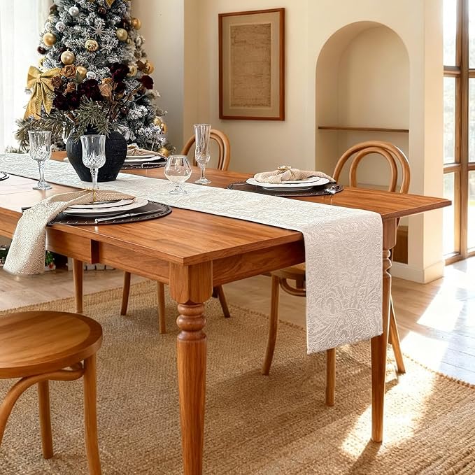 Waterproof Jacquard Table Runner, 12x144 Inch, Milky White | Thick Table Runner - Image 4