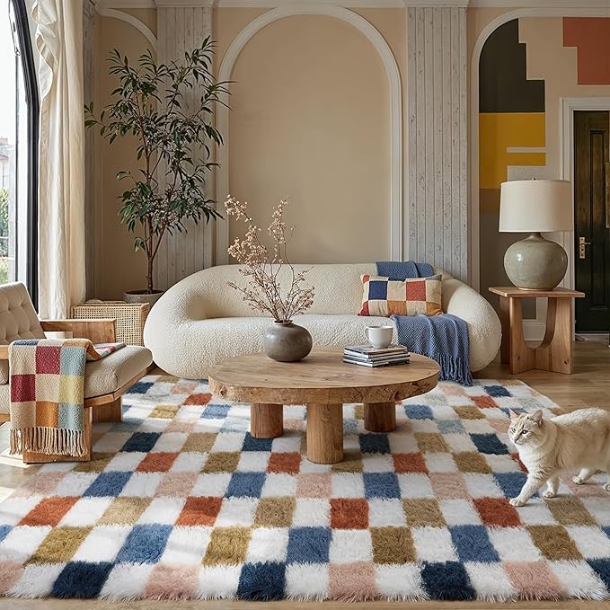 PureCozy Checkered Rug 5x8 for Living Room, Modern Rainbow Shag Rug Super Soft - Image 4