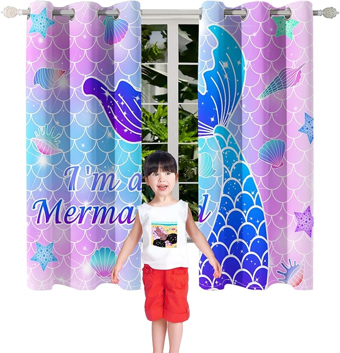 Mermaid Curtains Panels for Girls Room Pink Mermaid Blackout Curtains 63 inch Length for Girls Bedroom Living Nursery Room Grommet Top Thermal Insulated Curtains, 2 Pcs Panels, 82" x 63"