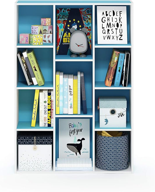 Furinno Luder Bookcase / Book / Storage , 11-Cube, White/Light Blue
