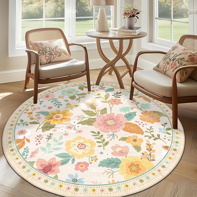 Floral 8ft Area Rug Machine Washable Soft Print Boho Carpet Non Slip Doormat Low Pile Flower Area Rugs for Living Room Bedroom Nursery Kitchen Dining Room Indoor-Beige/White/Orange
