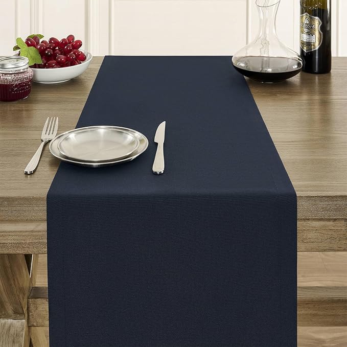 Basic Linen Style Table Runner, 14x108 Inch Dark Navy | Mitered Corner Design - Image 5