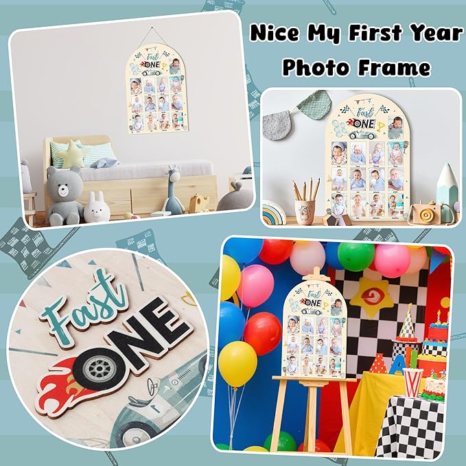 R HORSE My First Year Photo Display Wood Board - 3D Race Car Baby's First Year Picture Frame, 12 Months Milestone Board Neutral Baby Keepsake Gift One Year Old Birthday Nursery Decor for Boy