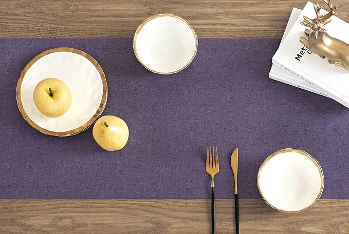 Basic Linen Style Table Runner, 14x60 Inch Purple | Mitered Corner Design - Image 3